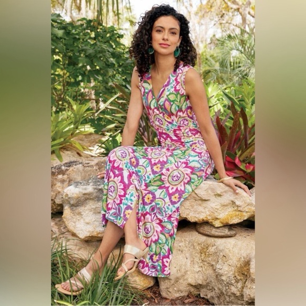 NWOT‎ Soft Surroundings Malee Colorful V-neck Faux Wrap Maxi Dress 3X Tropical
